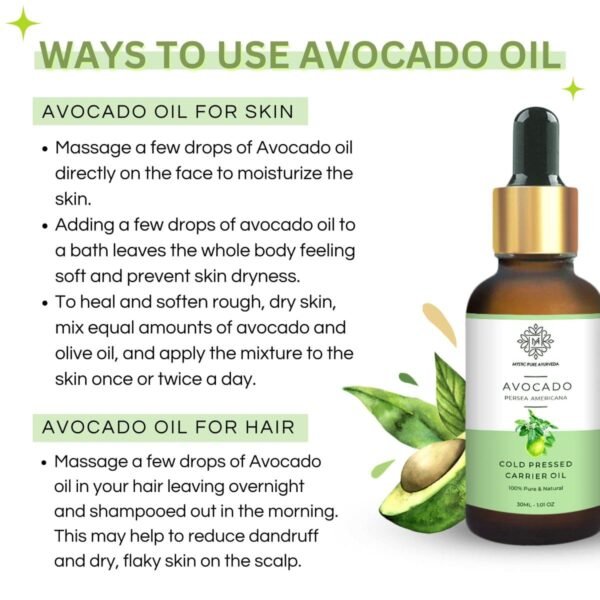 Avocado Oil Cold Pressed Unrefined 100% Pure Natural Carrier Oil for Skin, Hair & Massage - 30ml - Image 2