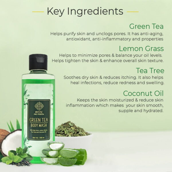 Mystic Green Tea and Lemongrass Body Wash For Skin Purification & Hydration with Tea Tree and Coconut Oil- 200ML - Image 3